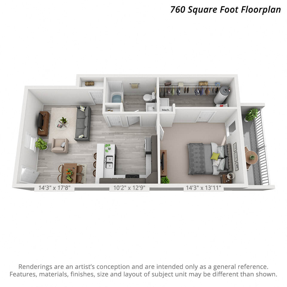 Floor plan for 1 bed, 1 bath, 760 sqft